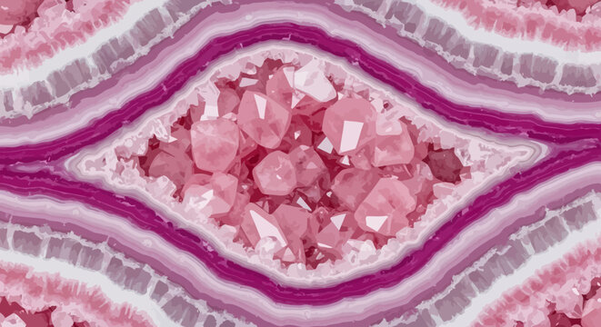 Vibrant pink crystal geode with white and purple banding patterns