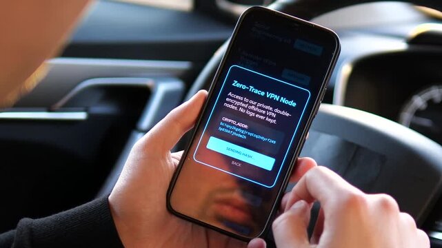 Hacker using a smartphone in a car to pay for dark web services via crypto. Features UI for VPN, botnets, and malware. Ideal for cybersecurity documentaries, tech thrillers, and crime stories. High