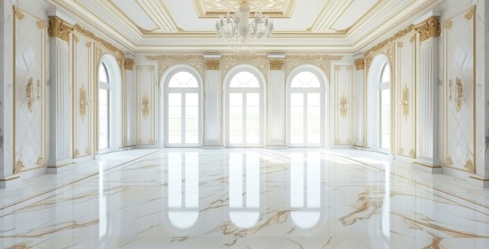 Beautiful white and gold room with marble floor, luxury interior design.