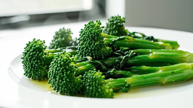 Bright Green Broccoli Rabe On A White Plate