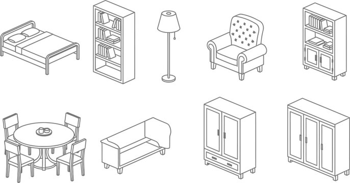 Set of isometric furniture icons featuring bedroom and living room interior elements in a clean minimalist line art vector style