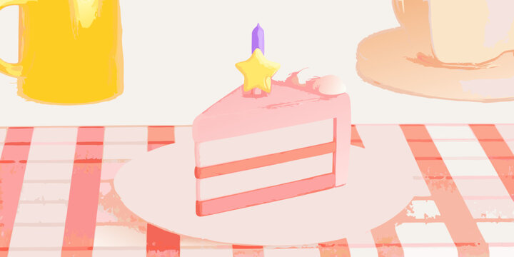 Slice of cake with star candle painted illustration on checkered tablecloth