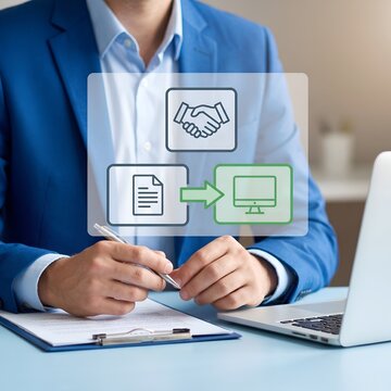 business professional converting paper documents to digital files on laptop with cloud technology