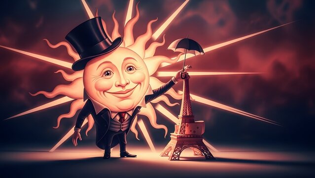 Whimsical sun character with top hat and suit holding Eiffel Tower with umbrella, against a starry, dramatic backdrop, in a vintage illustration style