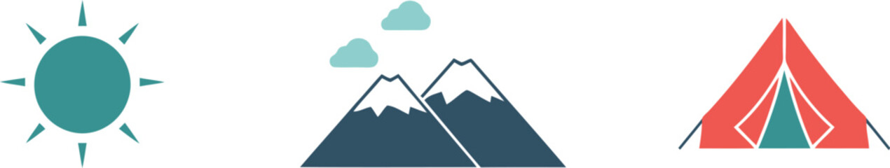 Set of flat outdoor icons featuring a sun mountains and a camping tent for adventure travel and nature exploration design © azad