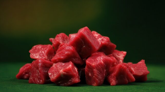 Raw bo luc lac beef cubes on dark green background
