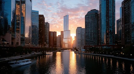 Obraz premium Chicago River sunset glow