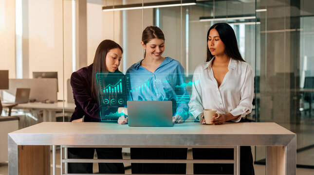 Business women discussing growth metrics on digital screen