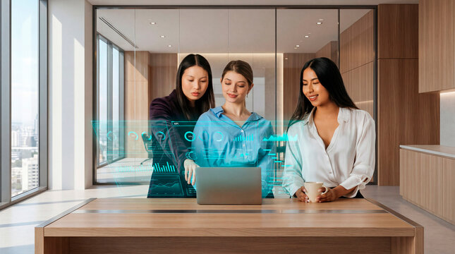 Corporate women examining data dashboard on laptop