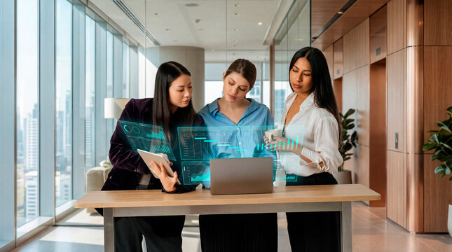 Business women reviewing digital data on laptop in office