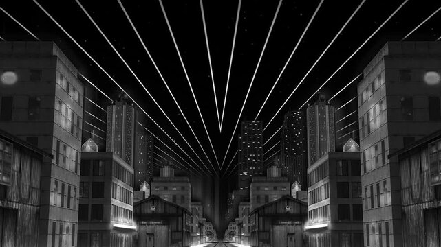 Monochrome cyber city with glowing laser sky seamless VJ loop visual