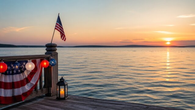 Patriotic lakeside dock at sunset with American flag bunting, lantern and calm water