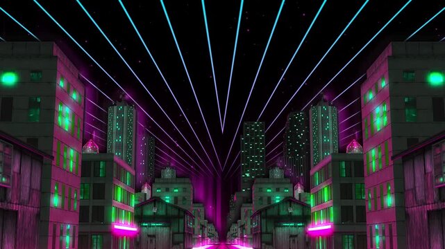 Futuristic cyber city with neon glow and laser sky show seamless VJ loop