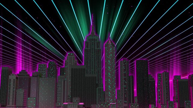 Advanced cyber city skyline with neon glow and laser sky seamless loop
