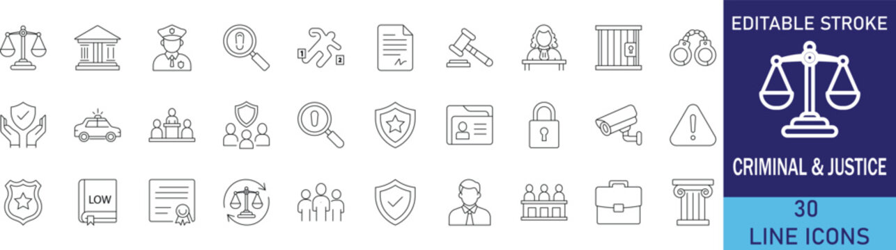 Law and justice line icon set. Vector symbols for criminal investigation, court trial, legal services, police protection, and prison system.