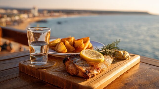 Fried horse mackerel with potato wedges at Langeron Beach
