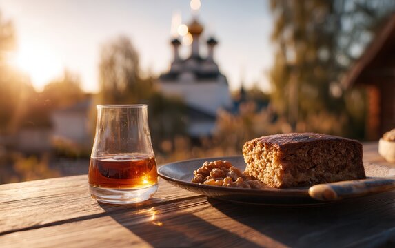 Rustic table with mead and Tula gingerbread at sunset