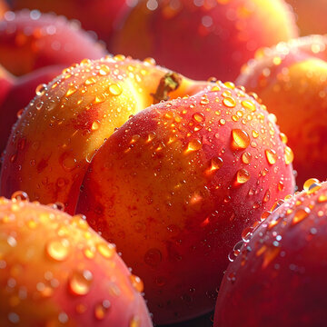 Close-up Macro shot of Ripe Nectarines covered in water droplets