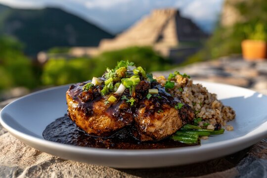 Mole negro served with chicken and rice at Monte Alban