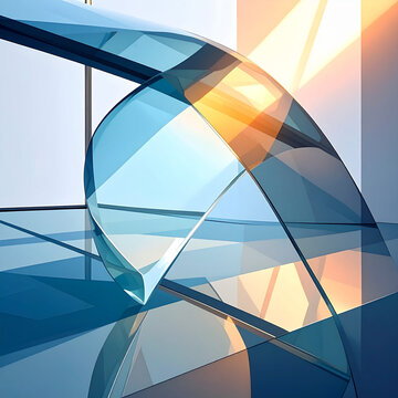 Abstract Blue and Orange Glass Sculpture with Light Reflections