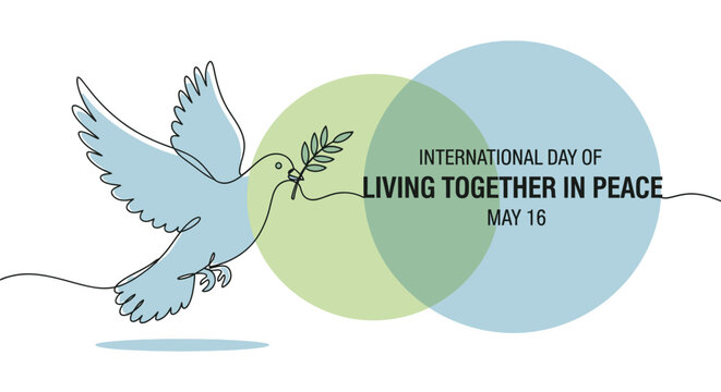 Peaceful dove with overlapping circles and text living together in peace