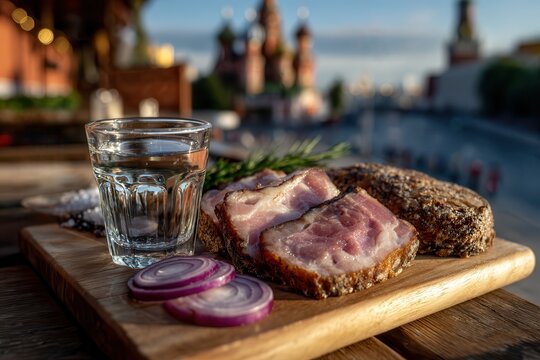 Enjoying zakuski at Red Square by evening light