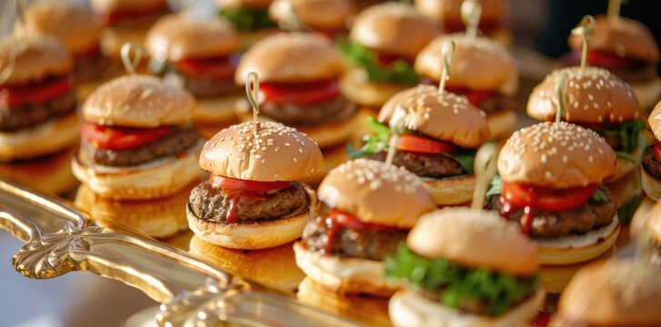 Mini burgers on a tray at a wedding party or corporate event.