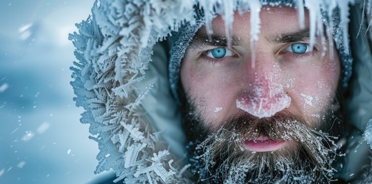 Portrait of an arctic explorer with icicles hanging from his beard and hood.