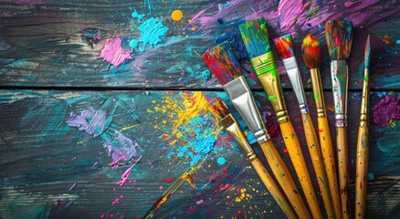 Obraz premium Colorful brushes with paint splashes against a wooden table.