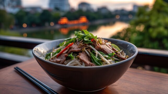 Pho bo served by Hoan Kiem Lake at sunset in Hanoi