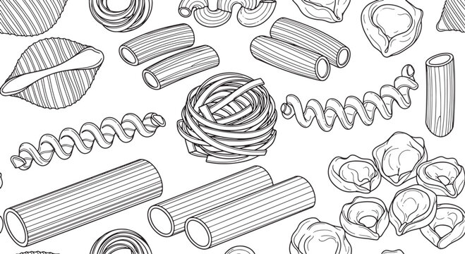 Seamless Pattern of Various Types of Pasta Hand Drawn Sketch Illustration for Culinary Design and Food Background