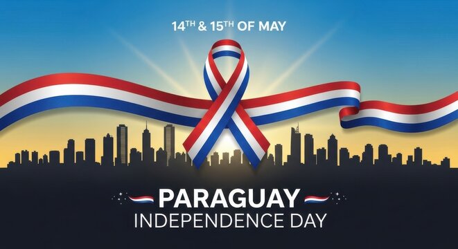 paraguay independence day celebration with ribbon and city skyline