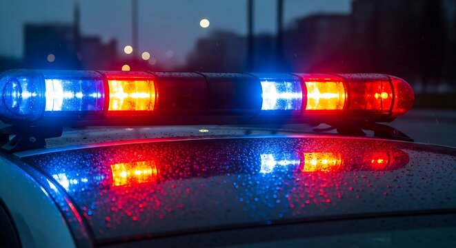 Emergency vehicle flashing red and blue lights, reflective surface, night