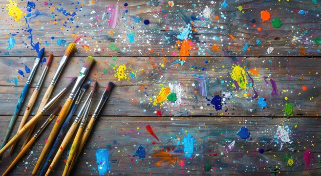 Colorful paintbrushes on a wooden table with scattered colorful paints and splashes of color in a top view.