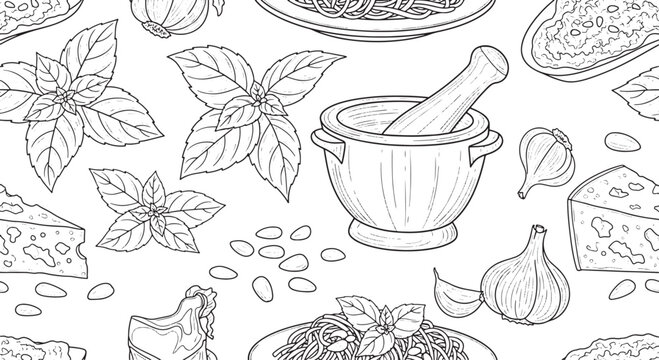 Seamless pattern with hand-drawn line art illustrations of Italian food ingredients like basil, garlic, cheese, and mortar and pestle.