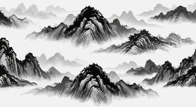Black and white mountain landscape with fog and misty hills seamless pattern