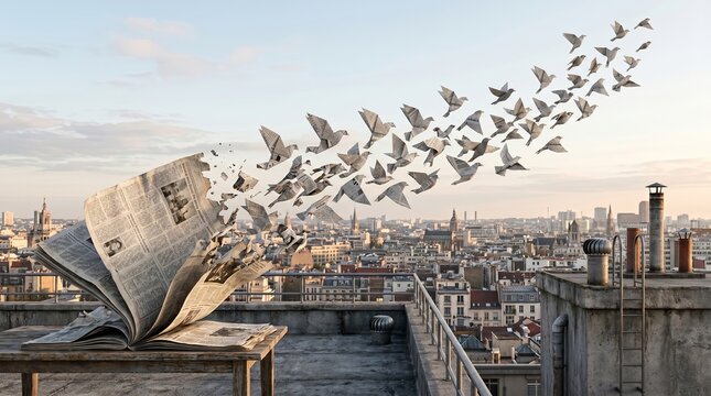 Media transformation concept, newspapers turning into birds flying above city rooftop