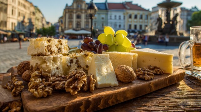Assorted Galician cheeses and snacks in Lviv at sunset