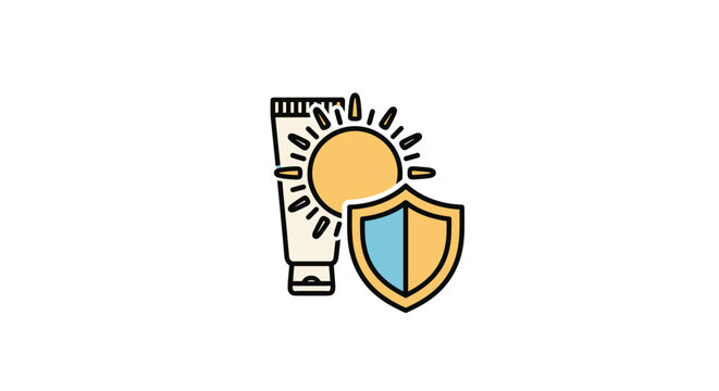 A vector graphic icon of sunscreen and shield on a black background