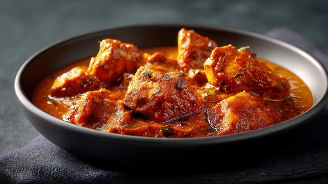 Bright red ghost pepper chicken curry in a ceramic bowl