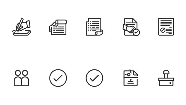 Contract Icons: A collection of clean, linear icons representing different aspects of contract and agreement concepts. They are designed in a minimalist style, ideal for illustrating legal, business.