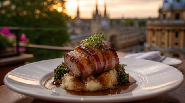 Sausage and bacon with Radcliffe Camera behind
