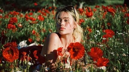 Naklejka premium Blonde model in poppy field