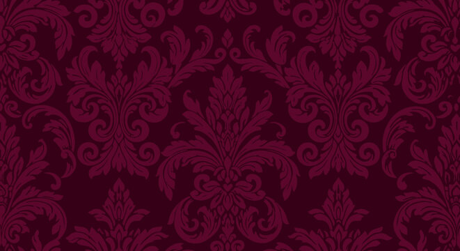 Dark red damask floral wallpaper pattern with elegant swirling motifs
