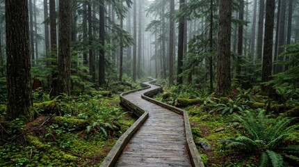 Obraz premium A wooden boardwalk winds through a lush green forest filled with moss and tall evergreen trees in the mist, peaceful nature walk, forest bathing.