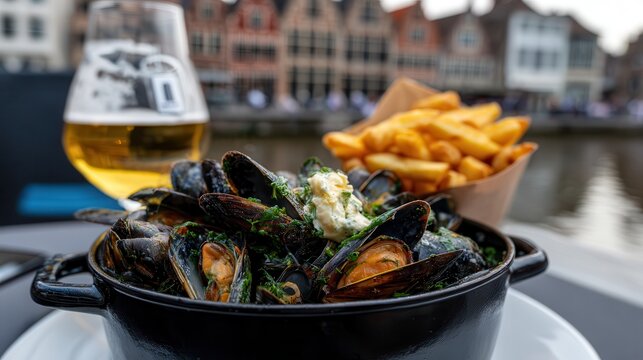 Enjoy moules-frites by the Belfry of Bruges