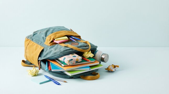 A vibrant, open school backpack overflows with colorful notebooks, pens, and a water bottle, ready for a new academic year on a clean, light background