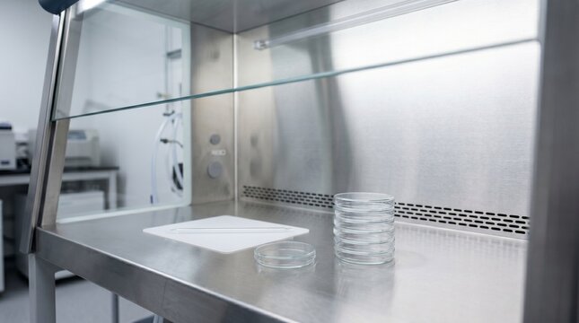 A stack of glass petri dishes and a sampling tube are placed in a clean laminar flow cabinet in a modern lab, biological research, laboratory work.