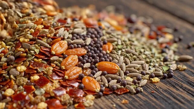 A CloseUp Macro Shot of a Pile of Mixed Spices on a Wooden Surface.
