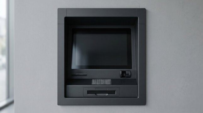 A modern black automatic teller machine is mounted into a gray wall in a minimalist banking area. financial services, banking technology, cash withdrawal.